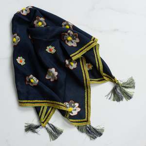 Scarves: Embroidered Silk Scarf | Navy Blooms