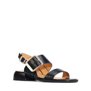 EOS Ikam Womens Black Leather Low Heeled Sandal w/Back Strap