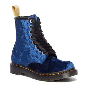 Dr Martens 1460 8 Eye Boots: Dr Martens 1460 Vegan Blue Crushed Velvet 8 Eye Boot