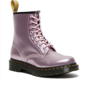 Dr Martens 1460 8 Eye Boots: Dr Martens Vegan 1460 Pink Lavender Alumix Hex Emboss