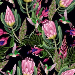 Prints: Proteas and Humming Bird -French Terry Cotton Spandex 50 cm
