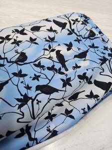 All Fabric: Birds in a tree on blue and white background,Cotton Spandex French Terry