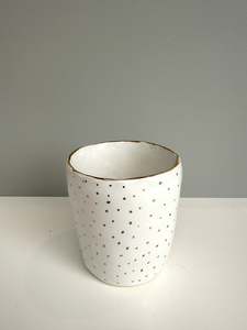 Original And Limited Edition Ceramics: Gold Rimmed White Tumbler with spots