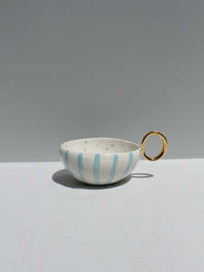 Original And Limited Edition Ceramics: With Pleasure - Gold Handled Light Blue Striped Cup.
