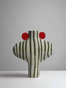 Olive Green Striped Vessel with Red Handles