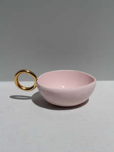 Cups: With Pleasure - Gold Handled Pink Cup.