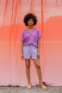 Tops & Shirts: Indie & Cold Basic V Neck Linen T-Shirt - Lavender