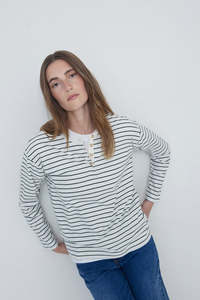 T Shirts: Yerse Long Sleeve Tee - Khaki Stripe