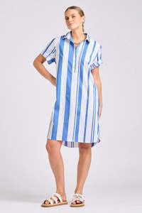 Dresses: Shirty Catie Dress - Azure Retro Stripe