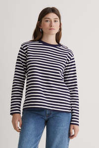 Blouses Tops: Yerse Long Sleeve Organic Tee Navy Stripe