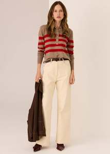 Sweaters Knitwear: POL Meira Stripe Polo Knit - Cedar/Red