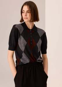 Sweaters Knitwear: POL Meira Argyle Knit Tee - Toffee/Charcoal/Silver
