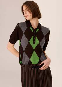 Sweaters Knitwear: POL Meira Argyle Knit Tee - Choc/Green/Charcoal