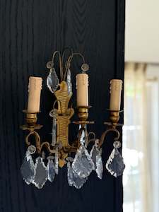 French Crystal and Brass Wall Sconce Pair