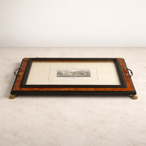 Italian Burlwood Tray with Roman Scene & Brass Feet
