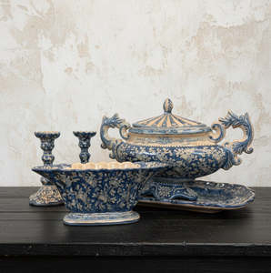 Large Vintage Italian Gubbio Maiolica Garniture Set – Hand Painted Blue Relief Ensemble