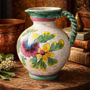 View All Available Antiques: Vintage Italian Majolica Jug with Braided Handle | Mid 20th Century