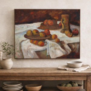 View All Available Antiques: Mid Century Italian Still Life Oil on Canvas | Fruit, Jug & Drapery