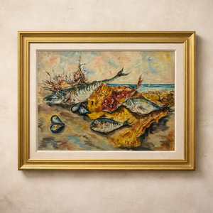 Mid-Century Italian Coastal Still Life Oil Painting | Impasto Fish Scene, Framed&hellip;