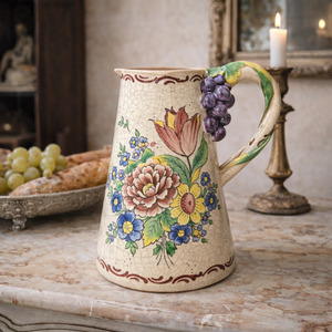View All Available Antiques: c.1900 French Barbotine Faïence Jug with Grape Handle, Onnaing