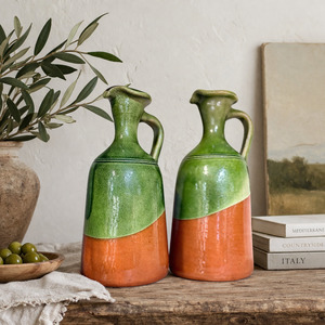 View All Available Antiques: Vintage Italian Olive Oil Jugs (Pair) | Green Glaze over Terracotta, Mid–Late 20th Century