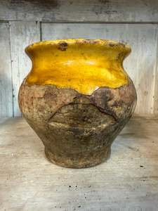 View All Available Antiques: 19th Century French Confit Pot Small - Yellow Glazed Rustic Earthenware Vessel