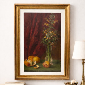 Italian Still Life with Flowers & Citrus, Oil on Canvas, Mid 20th Century
