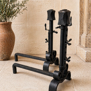 French Forged Iron Adjustable Andirons 20th Century