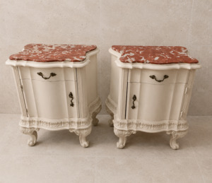 Vintage Italian Bombe Cabinets with Rosso Marble Tops