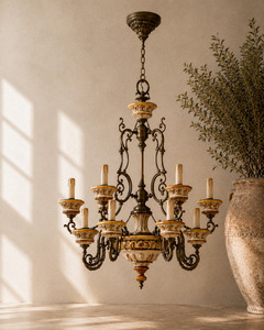 Large Italian Ceramic & Cast Metal Nine-Light Chandelier, Italy, circa 1970s