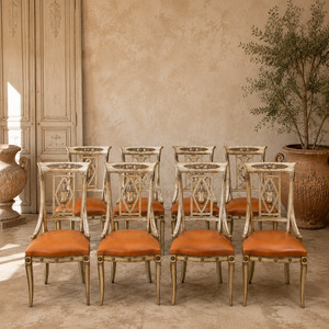 Set of Eight Italian Neoclassical Cognac Leather Dining Chairs