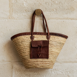 French Style Market Basket with Leather Trim & Pocket