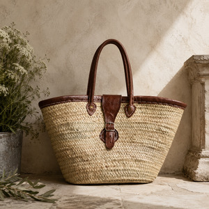 St Tropez French Style Market Basket with Leather Trim & Buckle