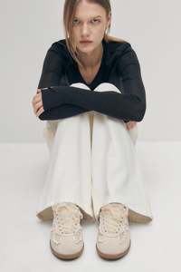 Footwear: Alohas - Crochet Cream Leather Sneakers