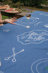 Slow Dine - 100% Linen Embroidered Tablecloth - Sea Blue