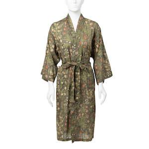 Robes And Sleepwear: Cotton Kimono Robe in Olive Flower