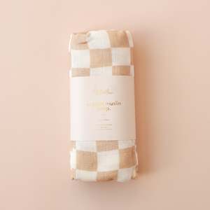 Blankets Swaddles: Caramel Check Organic Muslin Wrap Swaddle - PREORDER (LATE FEB)