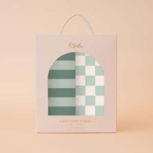 Blankets Swaddles: Sage Stripe / Check Organic Muslin Wrap Set