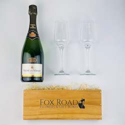 Champagne Gift Baskets: Veuve Du Vernay Sparkling Wine and Flutes Gift Box