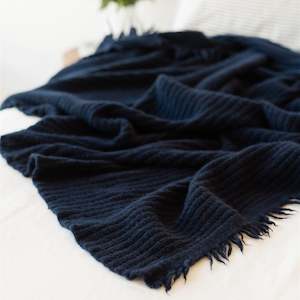 Navy Ribbed Wool Throw Blanket