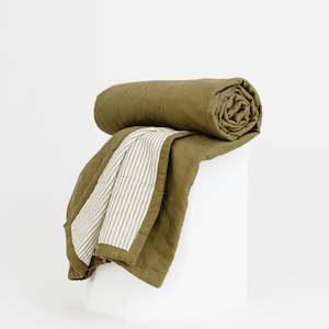 Olive Green & Olive Stripes Linen Quilt