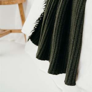 Moss Green Ribbed Wool Throw Blanket
