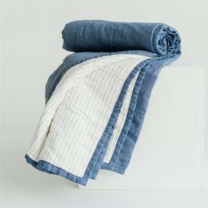 Coastal Blue & Coastal Blue Stripes Linen Cot Quilt