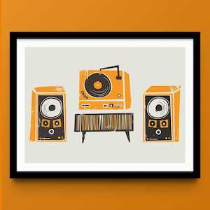 Record Deck & Speakers Print | Art for Audiophiles