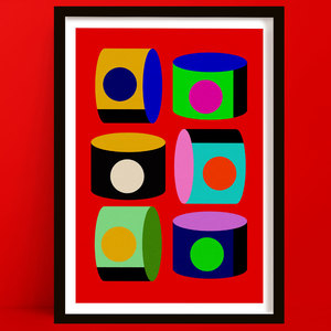 Cylinder Drums | Bright Colourful Red Geometric Abstract Art Print
