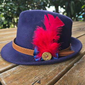 Hat Pins: Feather Hat Pin|Red With Blue Rosette