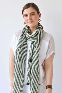 Scarves: TASSELLED MAZE PRINT SCARF - GREEN/CREAM