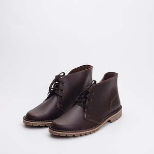 Feet: Brown desert boots by McKinlays made in Dunedin, New Zealand