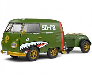 Solido 1:18 VW Kombi (Shorty Bus) & Trailer Military Green