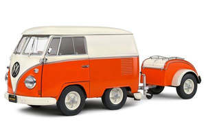 1 18 Diecast Cars: Solido 1:18 VW Kombi (Shorty Bus) & Trailer Orange & White